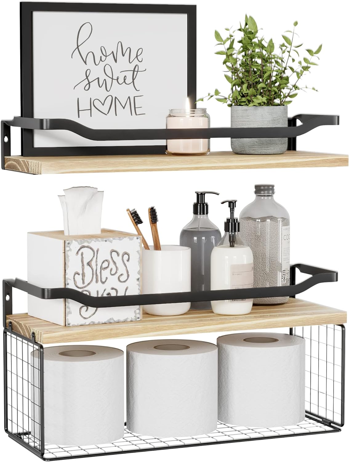 Floating Shelves with Wire Storage Basket, Bathroom Shelves, Wall Shelves Floating Shelves with Wire Storage Basket, Bathroom Shelves, Wall Shelves